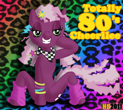 Size: 633x568 | Tagged: safe, alternate version, artist:hentaiboy, cheerilee, earth pony, pony, semi-anthro, g4, 80s, 80s cheerilee, arm hooves, bedroom eyes, clothes, covering, covering crotch, female, grin, leg warmers, looking at you, mare, neckerchief, sitting, smiling, solo, spread legs, spreading, wristband
