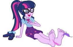 Size: 5000x3262 | Tagged: safe, artist:n0kkun, sci-twi, twilight sparkle, human, equestria girls, g4, my little pony equestria girls: better together, adorasexy, clothes, cute, feather, feet, fetish, foot fetish, foot focus, geode, glasses, laughing, sexy, shoes, simple background, sitting, skirt, soles, solo, tickle fetish, tickling, toes, transparent background, twiabetes, vector