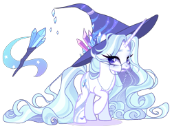 Size: 1537x1126 | Tagged: safe, artist:gihhbloonde, oc, oc only, pony, unicorn, crystal, female, frown, glasses, glasses chain, hat, horn, long hair, long horn, long mane, long tail, looking back, magical lesbian spawn, mare, offspring, open mouth, parent:rarity, parent:trixie, parents:rarixie, purple eyes, raised hoof, round glasses, solo, standing, tail, unicorn oc, witch hat