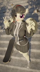 Size: 2160x3840 | Tagged: safe, artist:arcanetesla, oc, oc only, oc:flame control, pegasus, anthro, 3d, :p, blender, blender cycles, clothes, converse, double peace sign, female, high res, necktie, peace sign, school uniform, schoolgirl, shoes, skateboard, skirt, solo, tongue out