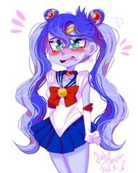 Size: 1080x1350 | Tagged: safe, artist:jully-park, princess luna, human, equestria girls, g4, blushing, clothes swap, cute, digital art, embarrassed, humanized, legs together, lunabetes, pigtails, sailor luna, sailor moon (series), sailor senshi, simple background, solo, sweat, sweatdrop, twintails, white background