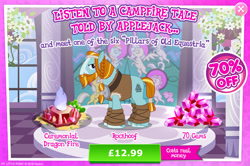 Size: 1962x1302 | Tagged: safe, gameloft, applejack, fluttershy, pinkie pie, rainbow dash, rarity, rockhoof, twilight sparkle, earth pony, pony, g4, my little pony: magic princess, advertisement, beard, bush, clothes, costs real money, crystal, english, facial hair, fire, gem, headband, introduction card, male, mane six, mobile game, numbers, sale, solo, stained glass, stallion, text, unshorn fetlocks
