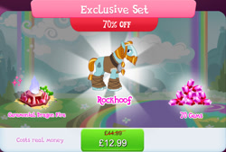 Size: 1270x858 | Tagged: safe, gameloft, rockhoof, earth pony, pony, g4, my little pony: magic princess, beard, bundle, bush, clothes, costs real money, crystal, english, facial hair, fire, gem, headband, male, mobile game, numbers, sale, solo, stallion, text, unshorn fetlocks