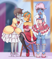 Size: 4400x4900 | Tagged: safe, artist:lucy-tan, oc, oc:azure/sapphire, oc:cold front, oc:disty, human, equestria girls, g4, clothes, cosplay, costume, crossdressing, dress, equestria girls-ified, femboy, makeover, makeup, male, pokemon contest, pokemon coordinators, pokémon, pokémon diamond and pearl, pokémon x and y, sissy
