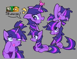 Size: 1200x918 | Tagged: safe, artist:beeni, twilight sparkle, pony, undead, unicorn, zombie, g4, ears back, eyes closed, floppy ears, looking at you, lying down, open mouth, plants vs zombies, simple background, smiling, solo, tall-nut, text, unicorn twilight