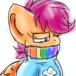 Size: 2048x2048 | Tagged: safe, artist:taeko, derpibooru exclusive, scootaloo, pegasus, anthro, g4, 2023, clothes, female, folded wings, high res, lidded eyes, rainbow scarf, scarf, simple background, sketch, solo, standing, striped scarf, sweater, white background, wings