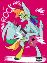 Size: 1513x2048 | Tagged: safe, artist:volchok, rainbow dash, pegasus, pony, g4, bipedal, female, guitar, mare, musical instrument, one eye closed, solo, spread wings, wings
