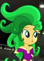 Size: 526x718 | Tagged: safe, screencap, mane-iac, sunset shimmer, human, equestria girls, equestria girls specials, g4, my little pony equestria girls: movie magic, clothes, costume, cropped, solo, wig