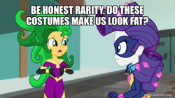 Size: 800x448 | Tagged: safe, edit, edited screencap, screencap, mane-iac, radiance, rarity, sunset shimmer, human, equestria girls, equestria girls specials, g4, my little pony equestria girls: movie magic, caption, clothes, costume, image macro, makeameme.org, power ponies, text, wig