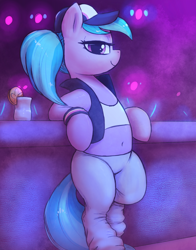 Size: 2350x3000 | Tagged: safe, artist:t72b, azure velour, earth pony, pony, g4, bedroom eyes, belly button, bipedal, bipedal leaning, clothes, drink, female, food, hat, high res, leaning, lemon, lights, looking at you, mare, ponytail, raised hoof, side ponytail, solo