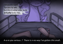 Size: 976x688 | Tagged: safe, anonymous artist, izzy moonbow, sunny starscout, earth pony, pony, unicorn, series:anorexic sunny, g5, anorexia, anorexic, bed, dialogue, female, first person view, hospital, hospital bed, implied weight loss, mare, offscreen character, pov, realization, skinny, thin
