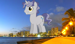 Size: 2048x1214 | Tagged: safe, anonymous editor, artist:starryshineviolet, edit, star bright, pony, unicorn, g4, background pony, giant pony, giant unicorn, hawaii, highrise ponies, honolulu, irl, macro, male, mega giant, photo, ponies in real life, solo, stallion