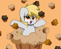 Size: 4288x3459 | Tagged: safe, artist:kittyrosie, derpy hooves, pegasus, pony, g4, brown background, cute, derpabetes, female, food, high res, kittyrosie is trying to murder us, mare, muffin, open mouth, redraw, simple background, solo, that pony sure does love muffins