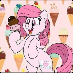 Size: 719x723 | Tagged: safe, artist:muhammad yunus, oc, oc only, oc:annisa trihapsari, earth pony, pony, cute, earth pony oc, female, food, happy, hoof hold, ice cream, mare, ocbetes, open mouth, open smile, smiling, solo