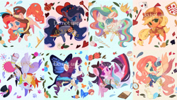 Size: 4160x2340 | Tagged: safe, artist:larix-u, applejack, fluttershy, pinkie pie, princess celestia, princess luna, rainbow dash, rarity, twilight sparkle, alicorn, earth pony, pegasus, pony, rabbit, unicorn, g4, alice in wonderland, animal, armor, butterfly wings, cat eyes, cheshire cat, clothes, commission, dress, female, glimmer wings, hat, helmet, knight, mad hatter, mane six, mare, no catchlights, obtrusive watermark, queen of hearts, royal sisters, siblings, sisters, slit pupils, tongue out, top hat, twilight sparkle (alicorn), watermark, white rabbit, wings