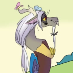 Size: 356x356 | Tagged: safe, artist:cocolove2176, discord, draconequus, g5, spoiler:g5comic, spoiler:g5comic10, antlers, beard, broken horn, cropped, crossed arms, facial hair, horn, implied fluttershy, new hairstyle, old man discord, solo