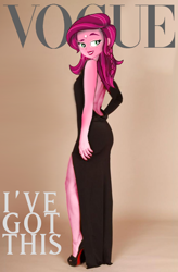 Size: 850x1298 | Tagged: safe, edit, editor:kronostorm, gloriosa daisy, human, equestria girls, g4, black dress, catchphrase, clothes, dress, female, high heels, magazine, shoes, side slit, sultry pose, tattoo, vogue