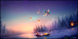 Size: 4591x2333 | Tagged: safe, artist:ramiras, oc, oc only, oc:summer ray, bird, fox, owl, pegasus, pony, boat, commission, flying, forest, high res, lake, lantern, mountain, night, paper lantern, pegasus oc, scenery, scenery porn, sky, solo, spread wings, stars, water, wings