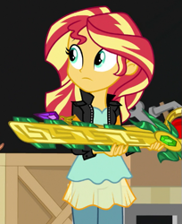 Size: 409x502 | Tagged: safe, screencap, sunset shimmer, human, equestria girls, equestria girls specials, g4, my little pony equestria girls: movie magic, blouse, clothes, cropped, denim, jacket, jeans, leather, leather jacket, macuahuitl, pants, solo, sword of lusitano, weapon