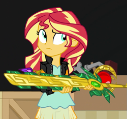 Size: 645x605 | Tagged: safe, screencap, sunset shimmer, human, equestria girls, equestria girls specials, g4, my little pony equestria girls: movie magic, blouse, clothes, cropped, jacket, leather, leather jacket, macuahuitl, solo, sword of lusitano, weapon