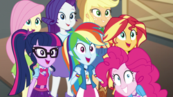 Size: 1920x1077 | Tagged: safe, screencap, applejack, fluttershy, pinkie pie, rainbow dash, rarity, sci-twi, sunset shimmer, twilight sparkle, human, equestria girls, equestria girls specials, g4, my little pony equestria girls: movie magic, geode of super speed, geode of telekinesis, humane five, humane seven, humane six, magical geodes