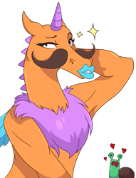 Size: 1377x1804 | Tagged: safe, artist:leafywolf, oc, oc only, snail, unicorn, anthro, bedroom eyes, bust, chest fluff, facial hair, horn, lipstick, moustache, simple background, transparent background, unicorn oc