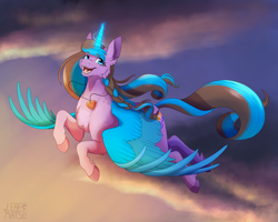 Size: 3000x2400 | Tagged: safe, artist:leafywolf, oc, oc only, alicorn, pony, alicorn oc, female, flying, glowing, glowing horn, high res, horn, jewelry, mare, necklace, smiling, solo, wings