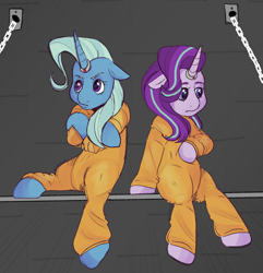 Size: 1374x1423 | Tagged: safe, artist:ghostjimi, starlight glimmer, trixie, unicorn, semi-anthro, g4, arm hooves, clothes, commission, commissioner:rainbowdash69, duo, horn, horn ring, jail, jail cell, jumpsuit, magic suppression, never doubt rainbowdash69's involvement, prison, prison outfit, prisoner, prisoner sg, prisoner tx, ring