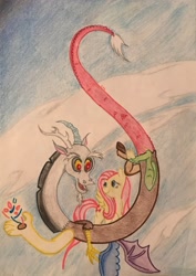Size: 2522x3568 | Tagged: safe, artist:gracefulart693, discord, fluttershy, butterfly, draconequus, pegasus, pony, g4, 2015, crayon drawing, duo, female, high res, male, ship:discoshy, shipping, straight, traditional art