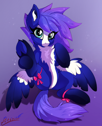 Size: 2328x2868 | Tagged: safe, artist:rednite, oc, oc only, pegasus, pony, bow, butt, chest fluff, female, fluffy, frog (hoof), gradient background, high res, hooves, looking at you, mare, pegasus oc, plot, signature, sitting, solo, spread wings, underhoof, wings