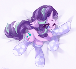 Size: 4000x3600 | Tagged: safe, artist:vanilla-chan, starlight glimmer, pony, unicorn, g4, :3, ;3, butt fluff, clothes, cute, ear fluff, female, fluffy, glimmerbetes, high res, horn, looking at you, mare, mouth hold, one eye closed, signature, smiling, socks, solo, stockings, thigh highs, wink