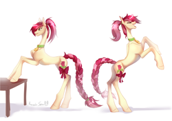 Size: 3264x2298 | Tagged: safe, artist:satan, roseluck, pony, g4, bow, braid, collar, commission, commissioner:doom9454, concave belly, cute, high res, hooves, leg band, leg strap, long legs, pony pet, ponytail, ribbon, rosepet, simple background, slender, solo, thin, white background