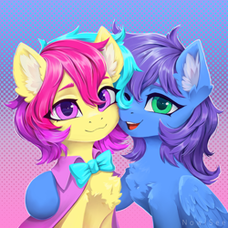 Size: 3000x3000 | Tagged: safe, artist:inowiseei, oc, oc only, oc:cuihua, oc:nova twinkle, earth pony, pegasus, pony, abstract background, bowtie, cheek to cheek, chest fluff, cloak, clothes, colored ear fluff, cute, duo, ear fluff, earth pony oc, female, gradient background, half body, high res, hug, looking at you, mare, open mouth, open smile, pegasus oc, signature, smiling, smiling at you