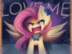 Size: 2350x1780 | Tagged: safe, artist:miryelis, fluttershy, butterfly, pegasus, pony, g4, the best night ever, angry, big ears, clothes, dress, flower, flutterrage, high res, impossibly large ears, long hair, redraw, scene interpretation, screaming, solo, spread wings, standing, text, wings, you're going to love me