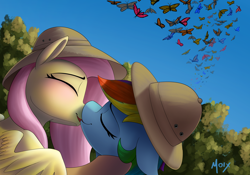 Size: 5000x3500 | Tagged: safe, artist:supermoix, fluttershy, rainbow dash, butterfly, insect, pegasus, pony, g4, absurd resolution, blushing, butterfly migration, commission, cute, duo, duo female, eyes closed, female, kiss on the lips, kissing, lesbian, ship:flutterdash, shipping