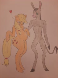 Size: 3000x4000 | Tagged: safe, artist:donkeythe1, applejack, oc, donkey, earth pony, semi-anthro, g4, arm hooves, canon x oc, donkey oc, duo, female, interspecies, looking down, love, male, mare, preggo jack, pregnant, standing, traditional art