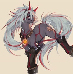 Size: 3004x3040 | Tagged: safe, artist:taishkyoo, earth pony, pony, arataki itto (genshin impact), choker, genshin impact, high res, horns, male, ponified, red eyes, signature, simple background, solo, spiked choker, two toned mane