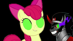Size: 444x250 | Tagged: safe, artist:movieliker236, apple bloom, king sombra, earth pony, pony, unicorn, bloom & gloom, g4, the crystal empire, black background, female, glowing, glowing eyes, inverted mouth, male, mind control, simple background, sombrafied