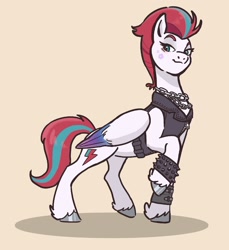 Size: 1586x1734 | Tagged: safe, artist:mayugraffiti, zipp storm, pegasus, pony, g5, aside glance, beige background, chains, clothes, facial markings, female, folded wings, leather, leather vest, lidded eyes, looking at you, looking down, mare, raised hoof, simple background, smiling, smirk, solo, spiked bracers, spiked wristband, standing, three quarter view, unshorn fetlocks, vest, wings, wristband