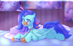 Size: 3200x2011 | Tagged: safe, artist:cofiiclouds, oc, oc only, oc:sea lilly, classical hippogriff, hippogriff, camera, commission, controller, high res, hippogriff oc, jewelry, lying down, necklace, pillow, prone, room, ych result