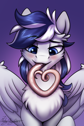 Size: 2000x3000 | Tagged: safe, artist:jedayskayvoker, oc, oc:onyx diamond, pegasus, pony, big pony, blue eyes, blushing, cheek fluff, chest fluff, chin fluff, ear fluff, fluffy, folded wings, giant pony, gradient background, large wings, long tongue, looking at you, macro, male, pegasus oc, solo, stallion, tongue out, wings