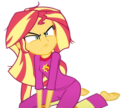 Size: 852x741 | Tagged: safe, artist:paco777yuyu, edit, edited screencap, screencap, sunset shimmer, human, equestria girls, g4, my little pony equestria girls: better together, wake up!, wake up!: rainbow dash, angry, background removed, bacon hair, barefoot, clothes, cute, feet, female, grumpy, messy hair, pajamas, simple background, solo, sunset shimmer is not amused, transparent background, unamused