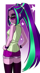 Size: 1100x2000 | Tagged: safe, artist:nekojackun, aria blaze, human, equestria girls, g4, arse-ia blaze, bare shoulders, breasts, clothes, eyebrows, female, frown, hand on hip, looking at you, looking back, looking back at you, raised eyebrow, rear view, shorts, simple background, sleeveless, socks, solo, sunglasses, thigh highs, vest, white background