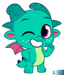 Size: 5500x6460 | Tagged: safe, artist:kuren247, sparky sparkeroni, dragon, g5, my little pony: tell your tale, baby, baby dragon, bean mouth, freckles, hand on hip, looking at you, male, one eye closed, pointing at self, show accurate, simple background, smiling, smiling at you, solo, tell your tale accurate, thumbs up, transparent background, vector, wings, wink, winking at you