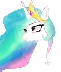 Size: 1724x2047 | Tagged: safe, artist:petaltwinkle, princess celestia, alicorn, pony, g4, bust, crown, jewelry, regalia, simple background, solo, white background