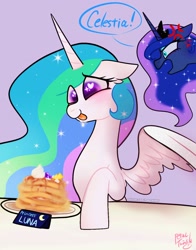 Size: 1074x1368 | Tagged: safe, artist:petaltwinkle, princess celestia, princess luna, alicorn, pony, g4, cross-popping veins, cute, cutelestia, duo, emanata, food, heart, heart eyes, open mouth, pancakes, sparkly eyes, spread wings, text, tongue out, whipped cream, wingding eyes, wings