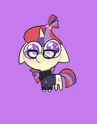 Size: 1074x1368 | Tagged: safe, artist:petaltwinkle, moondancer, pony, unicorn, g4, chibi, clothes, cutie mark eyes, floppy ears, frown, glasses, purple background, simple background, solo, sweater, teary eyes, wingding eyes