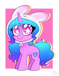 Size: 1074x1368 | Tagged: safe, artist:petaltwinkle, izzy moonbow, pony, unicorn, g5, chibi, cute, hat, heart, izzybetes, simple background, smiling, solo, standing, starry eyes, wingding eyes