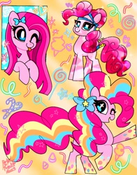 Size: 1074x1368 | Tagged: safe, artist:petaltwinkle, pinkie pie, earth pony, pony, g4, :p, bow, hair bow, one eye closed, open mouth, rainbow power, smiling, solo, standing, tongue out, wink