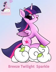 Size: 1074x1368 | Tagged: safe, artist:petaltwinkle, twilight sparkle, alicorn, pony, g4, cloud, gradient background, leaves, open mouth, side view, smiling, solo, text, twilight sparkle (alicorn)
